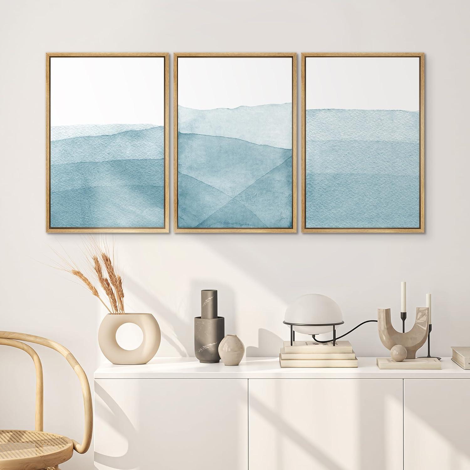 Blue Abstract Landscape Canvas Print Set with Natural Frames