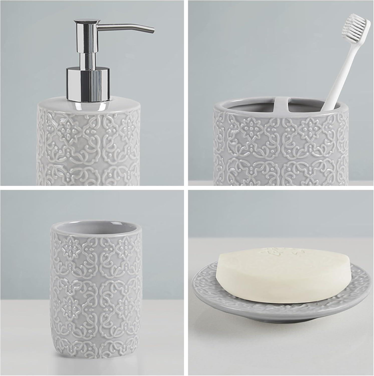Martha Stewart Ceramic Bathroom Accessories Set, Vanity Decor Storage Organizer, Embossed Damask Medallion, Lotion/Soap Dispenser, Toothbrush Holder, Tumbler, Trinket Dish, Assorted Sizes Grey