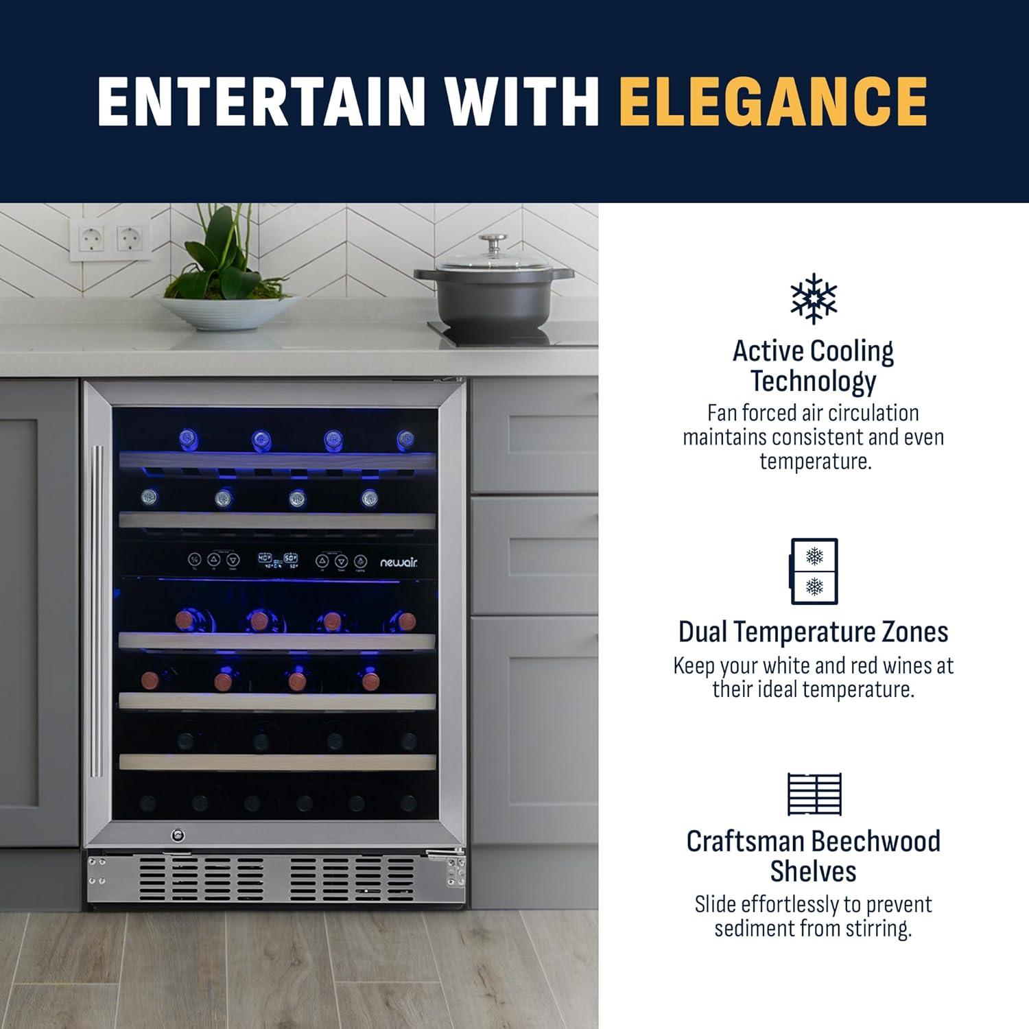 Newair 46 Bottle Dual Zone Built-in Wine Refrigerator with Beechwood Shelves and Recessed Kickplate