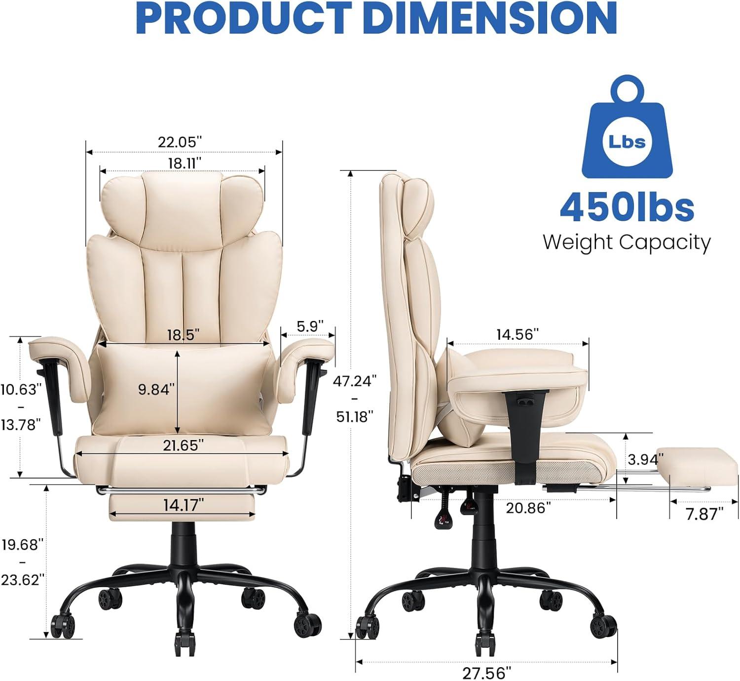 Hoffree Big and Tall Office Chair 450lbs, Executive Computer Desk Chair with Massage Ergonomic  Leather Chair with Footrest Reclining Desk Office Chair with Lumbar Support for Home Office