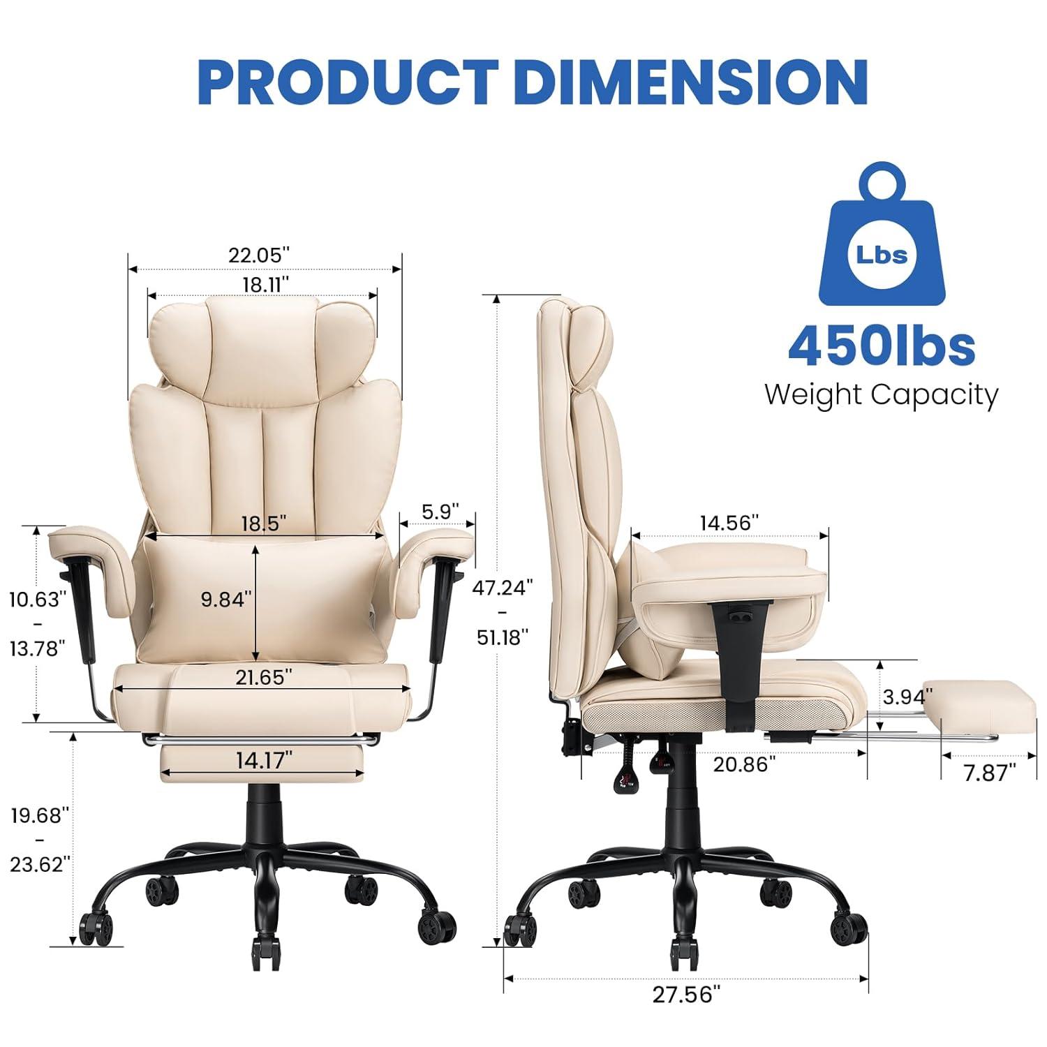 Hoffree Big and Tall Office Chair 450lbs, Executive Computer Desk Chair with Massage Ergonomic  Leather Chair with Footrest Reclining Desk Office Chair with Lumbar Support for Home Office