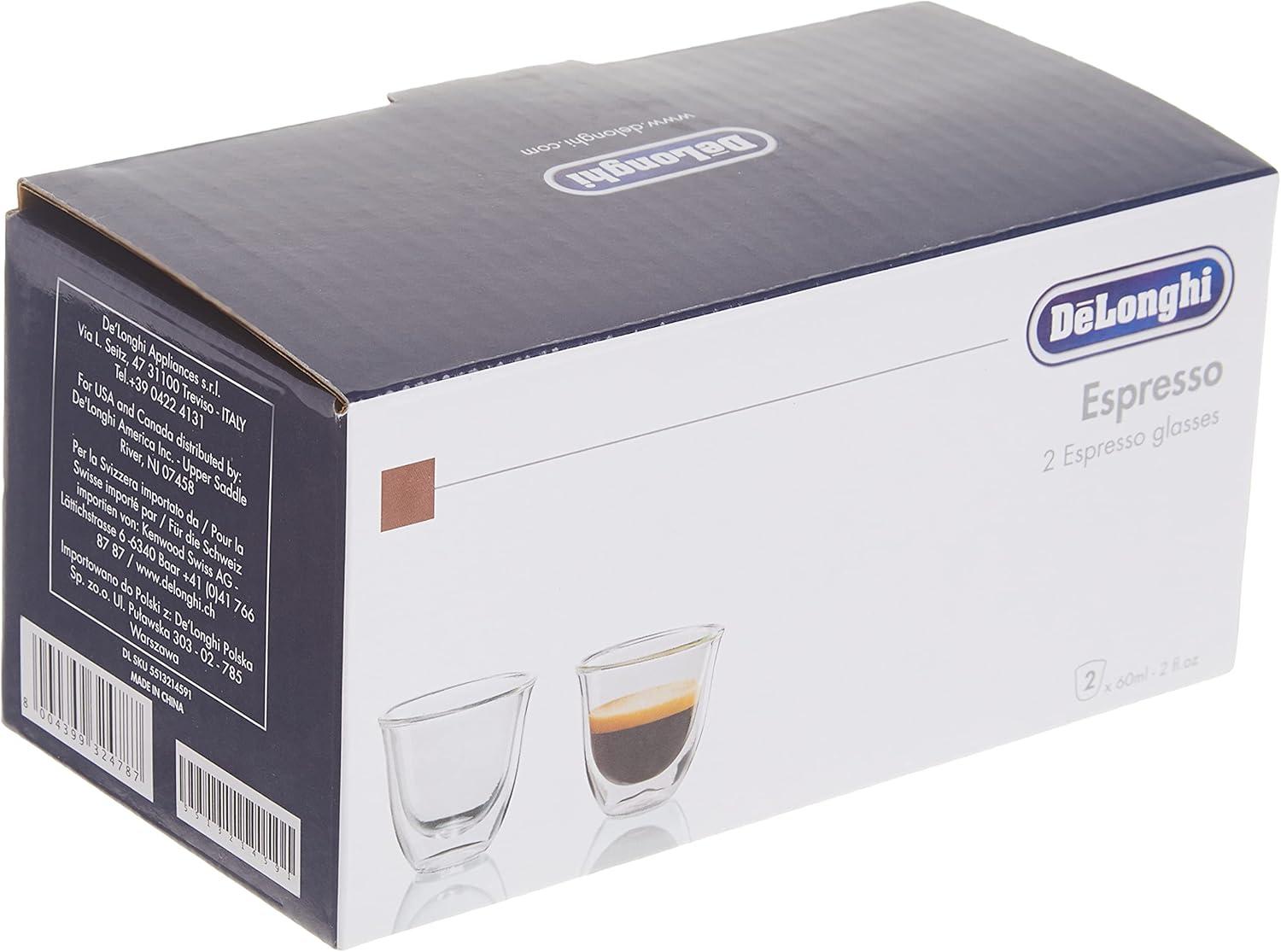 De'Longhi Double Walled Thermo Espresso Glasses, Set of 2, Regular, Clear, 60 milliliters