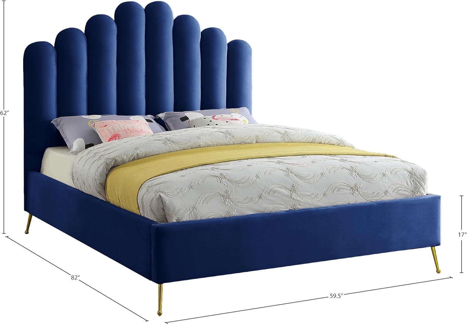 Meridian Furniture Lily Solid Wood and Tufted Velvet Full Bed in Navy