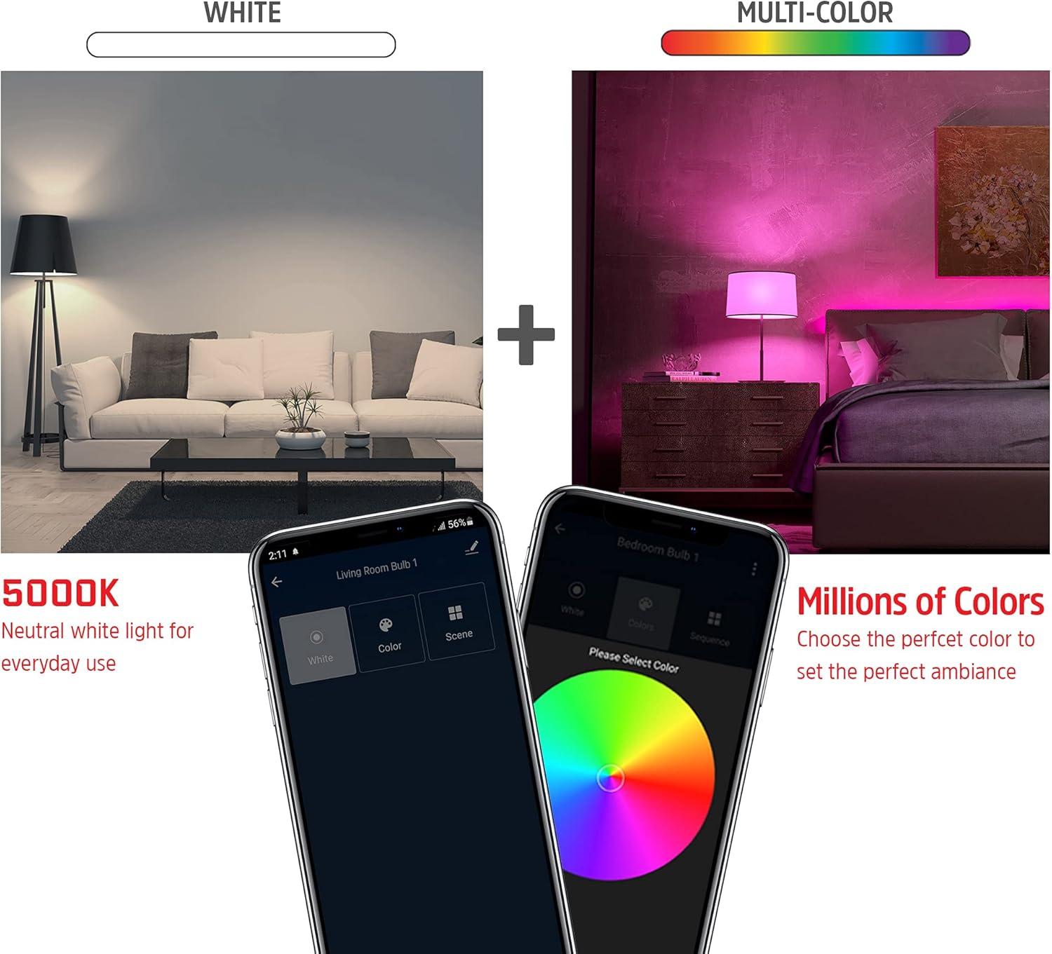Energizer Connect Smart A19 LED White & Multi-Color RGB Light Bulbs with Voice Control and Remote Access Through Your Smartphone | Compatible with Alexa and Google Assistant