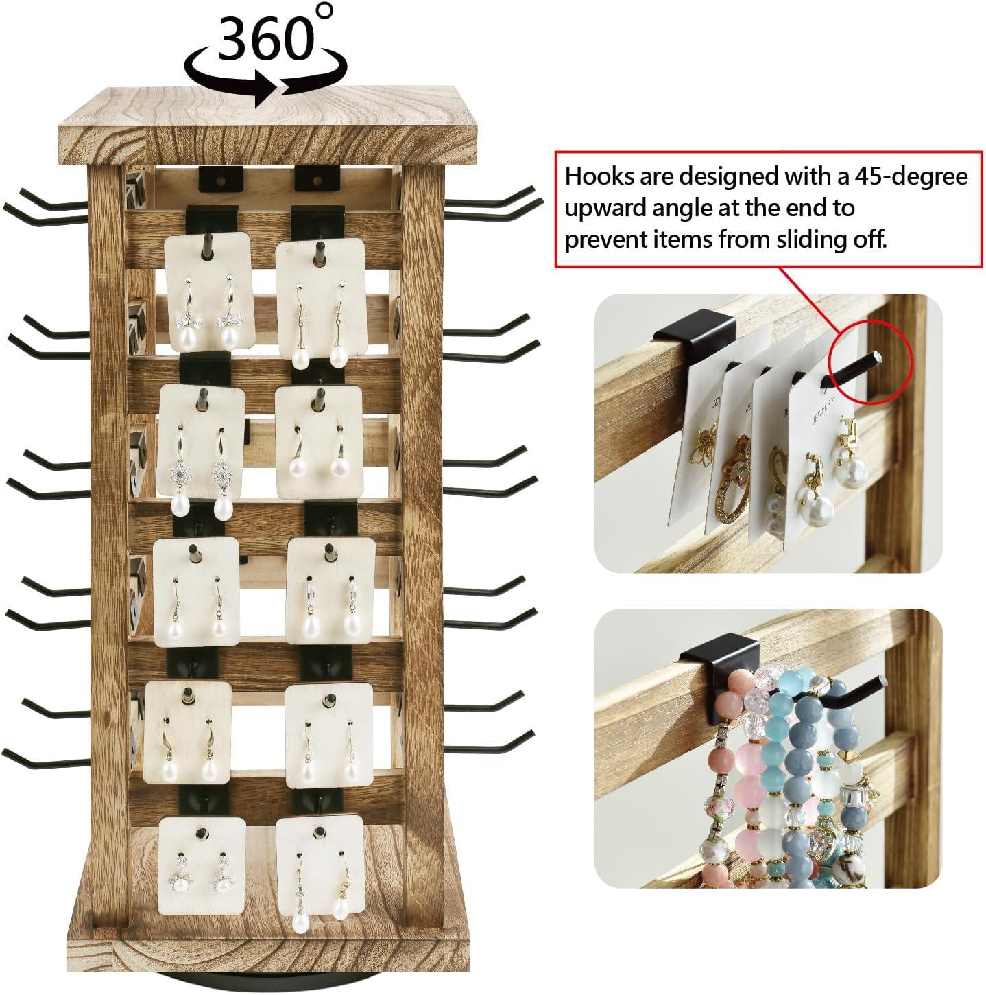 Latitude Run® Design Exquisite Rotating Jewelry Tower- Natural Wood Finish- Showcase And Organize Your Collection With 42 Hooks- Easy Earring Display Stand- 5 Bars On Each Face For Maximum Storage -Oak Color