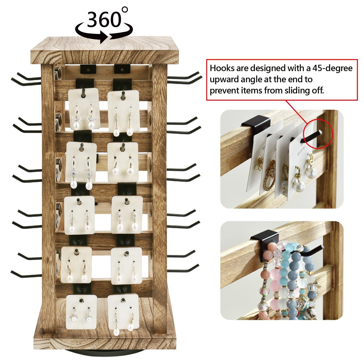 Latitude Run® Design Exquisite Rotating Jewelry Tower- Natural Wood Finish- Showcase And Organize Your Collection With 42 Hooks- Easy Earring Display Stand- 5 Bars On Each Face For Maximum Storage -Oak Color