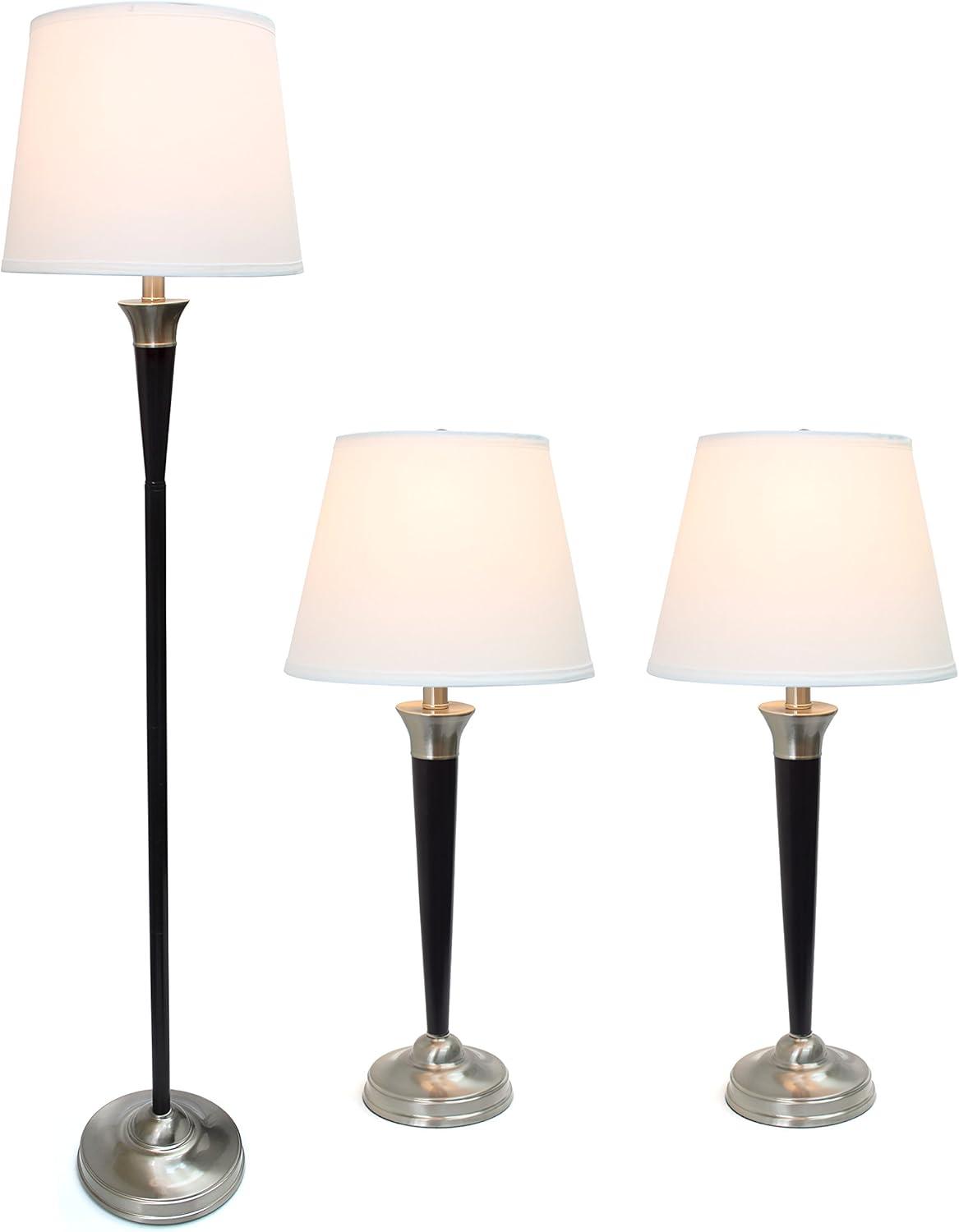 Elegant Designs 3pk Malbec Lamp Set (2 Table Lamps and 1 Floor Lamp) Black: Modern Cotton Shade, UL Listed, 1-Way Switch