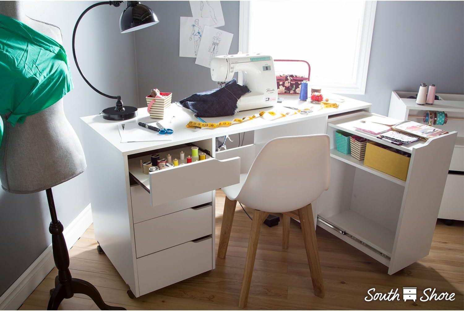 Pure White Mobile Craft Workstation with Drawers and Sliding Shelf