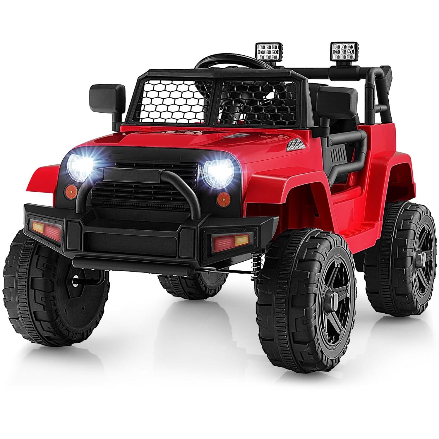 HONEY JOY Ride On Truck, 12V Battery Powered Vehicle Ride On Car with Remote Control, Spring Suspension, Headlights, Music, Mesh Windshield, Electric Cars for Kids, Gift for Boys Girls 3+(Red)