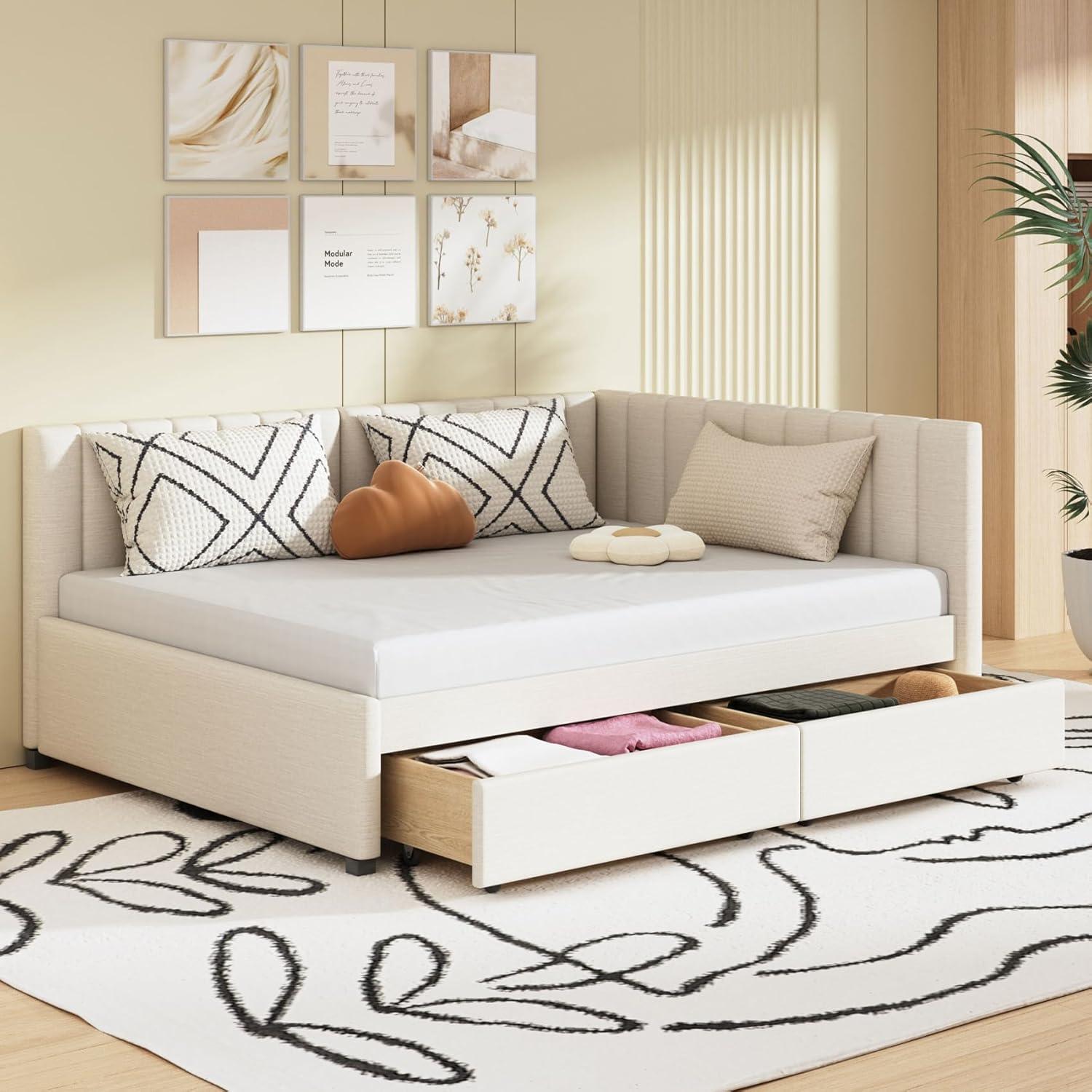 Full Size Daybed with 2 Storage Drawers,L-Shaped Upholstered Linen Fabric Sleeper Sofa Bed Couch,No Box Spring Needed for Kids Girls Adults,Beige