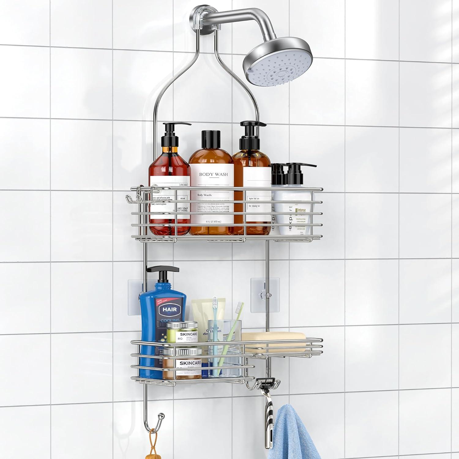SMARTAKE Hanging Shower Head Caddy, Rustproof Bathroom Shower Room Shelf Organizer, SUS201 Stainless Steel Over The Shower Storage Rack, for Toilet, Silver
