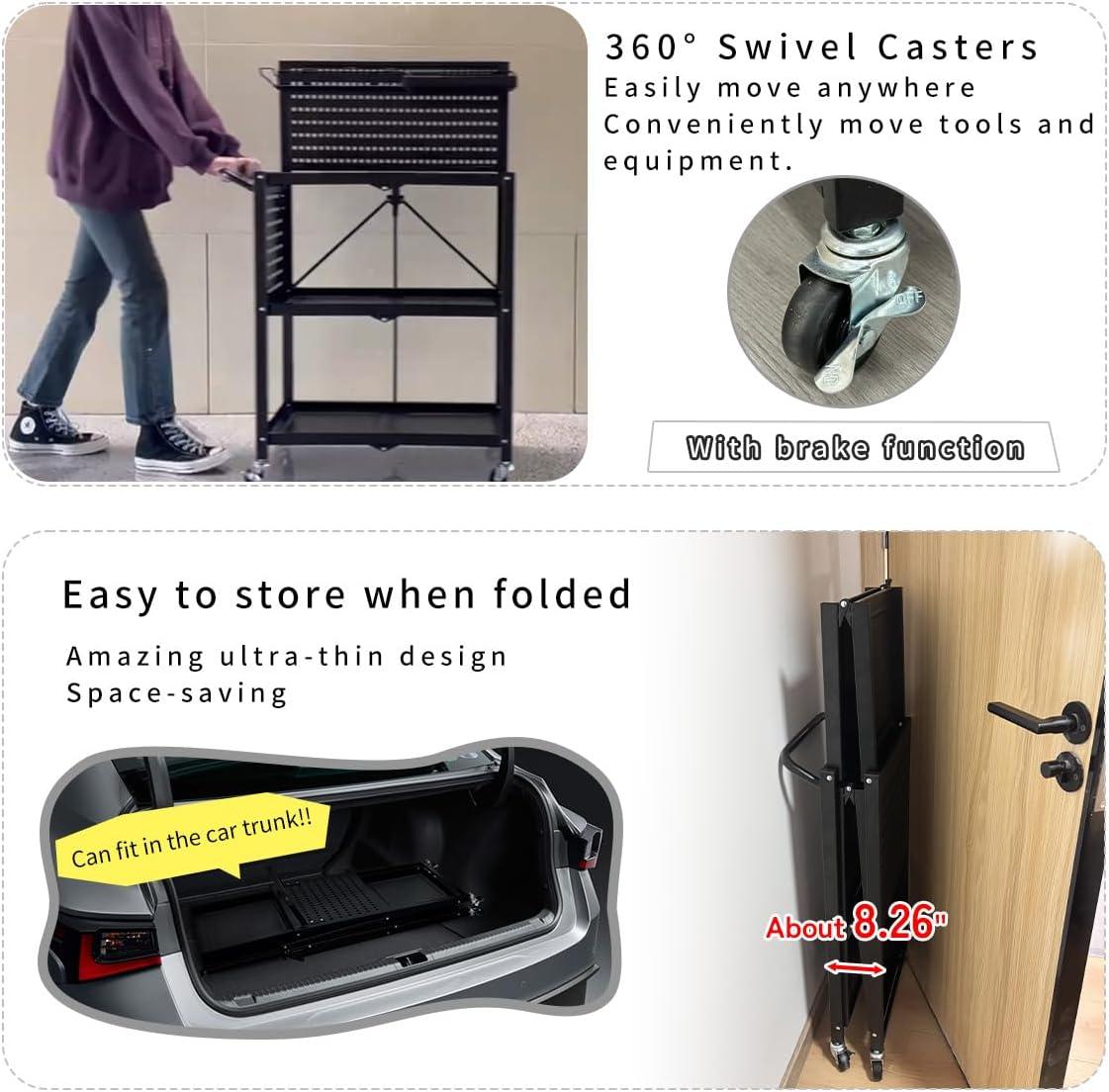 Lumizone 3-Tier Foldable Rolling Tool Cart with Wheels, Utility Cart with Pegboard and Hooks for Garage Organizer and Tool Storage, Power Tool Storage Cart on Wheels (Tool Cart+Hooks)