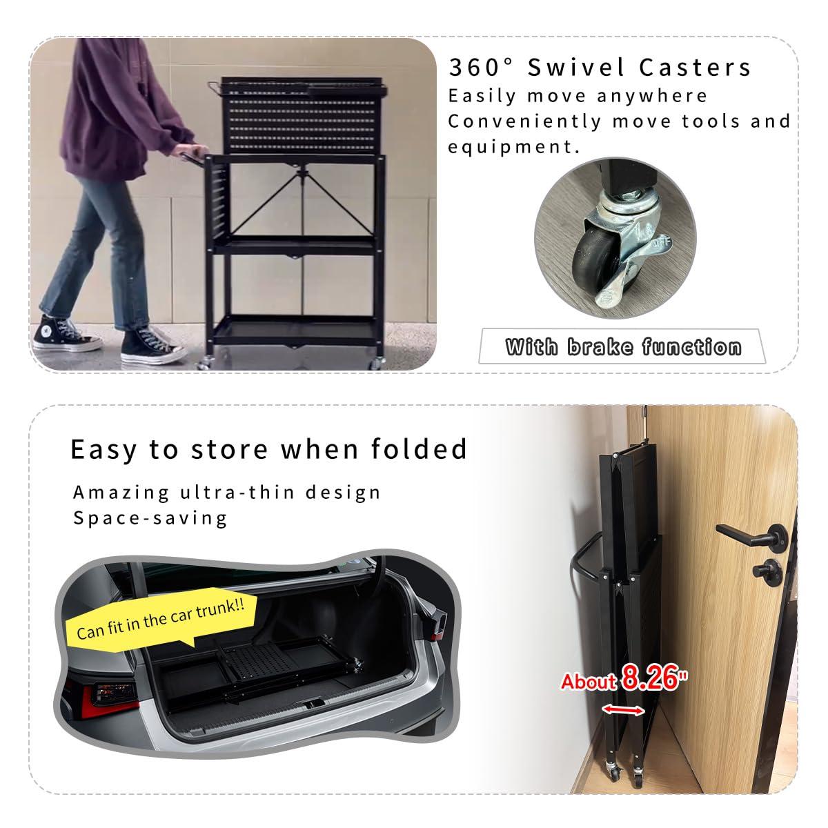 Lumizone 3-Tier Foldable Rolling Tool Cart with Wheels, Utility Cart with Pegboard and Hooks for Garage Organizer and Tool Storage, Power Tool Storage Cart on Wheels (Tool Cart+Hooks)