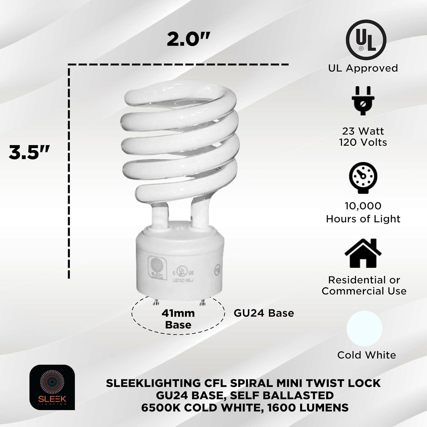Sleek Lighting 23-Watt T2 Spiral CFL Fluorescent Light Bulbs with GU24 Base, Self-Ballasted Light Bulb for Bedroom Lighting, 1600 Lumens, 6500K 4-Pack