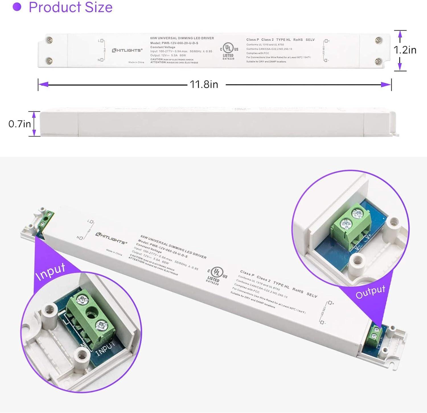 HitLights 60W Dimmable LED Driver Transformer, Power Supply 100-277V AC to 12V DC, 5A, Compatible with Lutron Leviton Dimmers, for LED Strip Lights, Constant Voltage LED Projects, UL-Listed,White