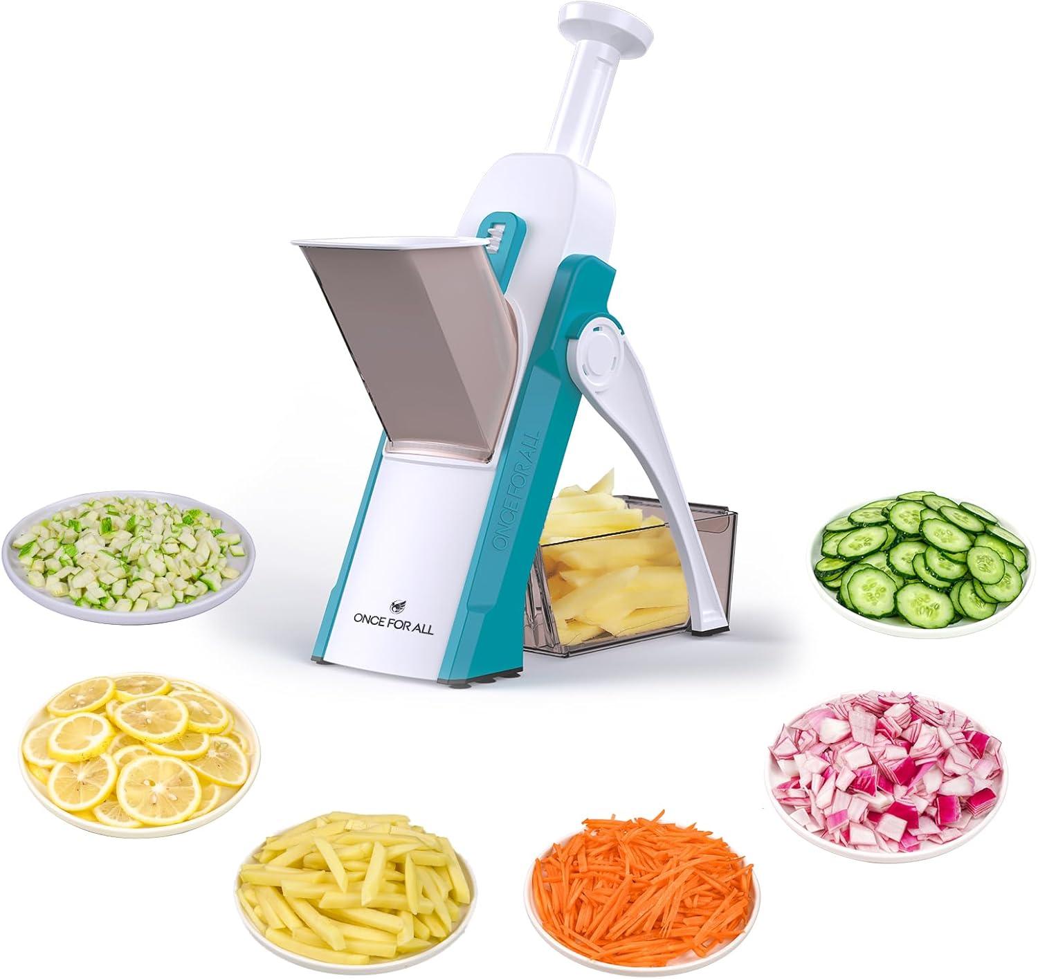 ONCE FOR ALL Safe Mandoline Slicer 5 in 1 Vegetable Cutter, Strips Julienne Dicer Adjustable Thickness 0.1-8 mm for Kitench Fast Meal Prep (Light Blue)