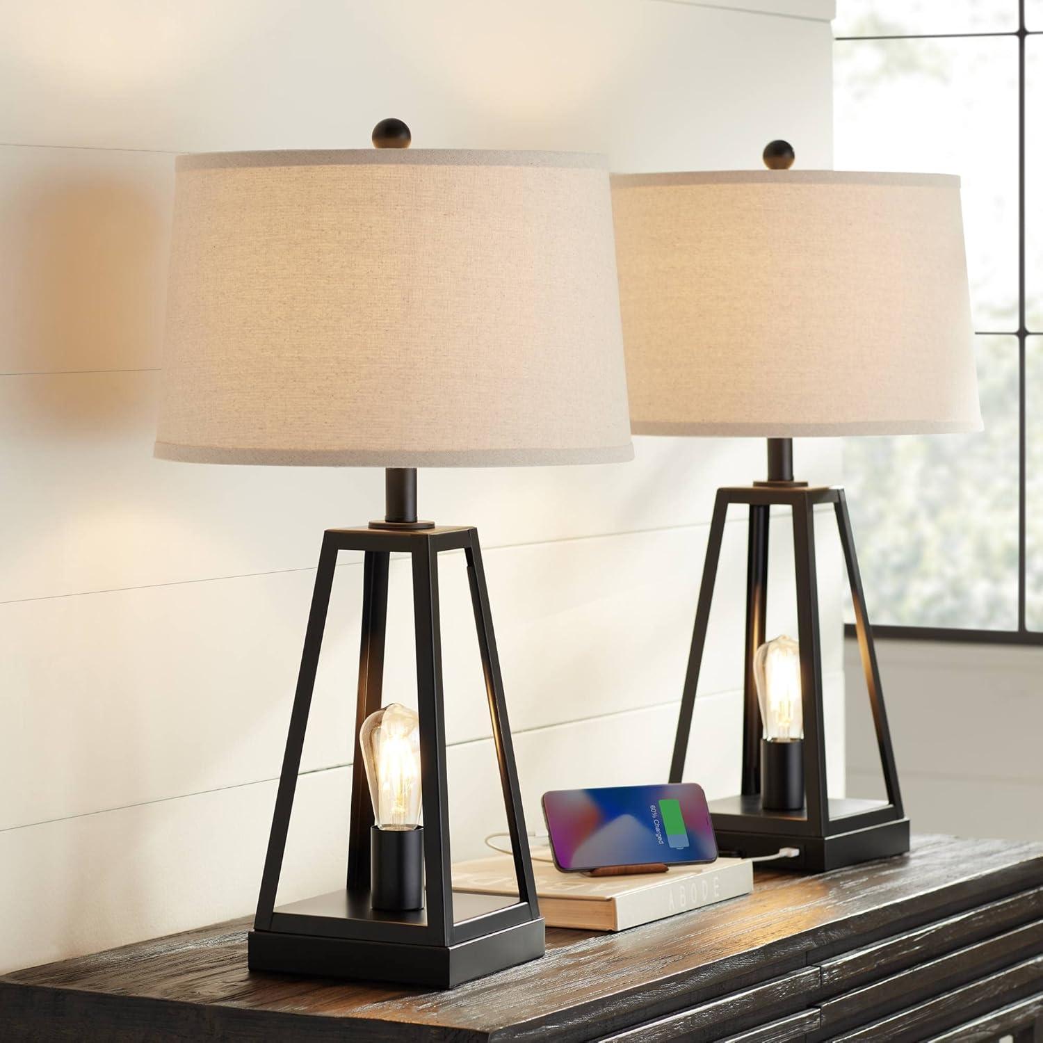 Edison Black Metal Table Lamps with USB Ports and Oatmeal Shades