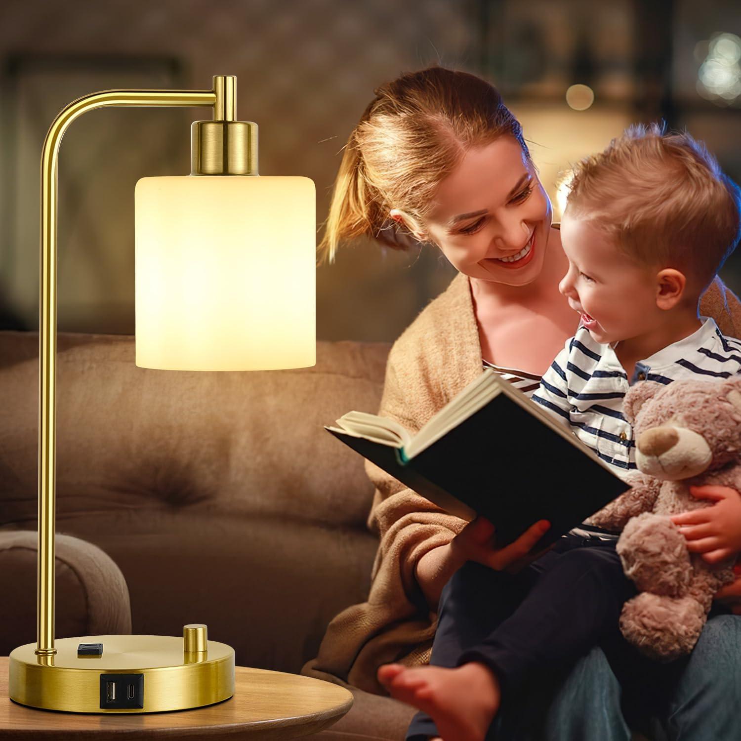 【Upgraded】Set of 2 Industrial Table Lamps with 2 USB Port, Fully Stepless Dimmable Bedside Lamps for Bedroom, Nightstand Desk Lamps with Glass Shade for Bedroom Living Room Office 2 LED Bulb Included
