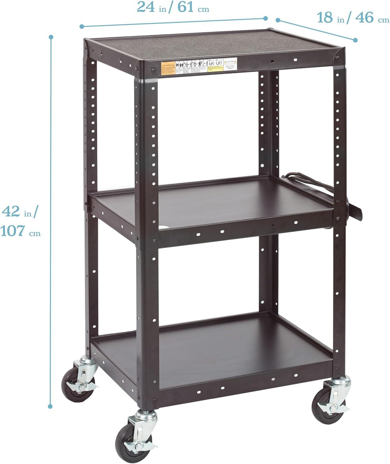 Black Alloy Steel Rolling AV Media Cart with Adjustable Shelves