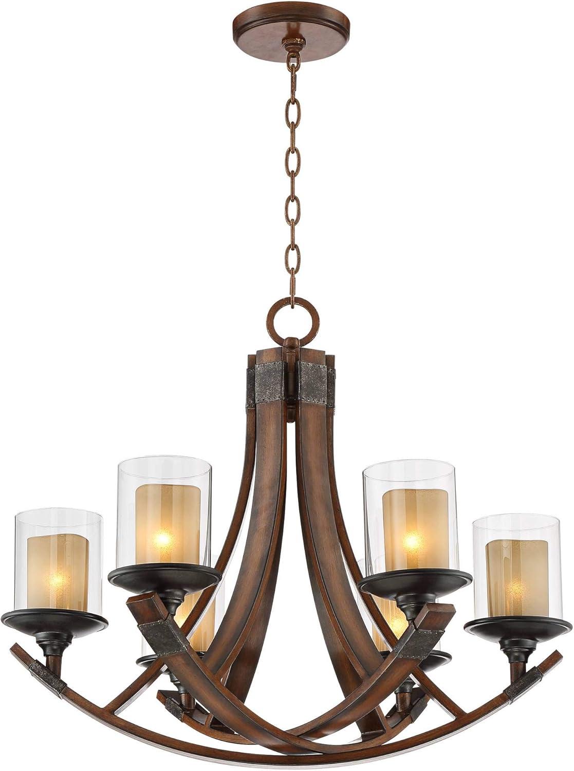 Franklin Iron Works Mahogany Wood Finish Chandelier 27 1/2" Wide Rustic Curving Clear Outer Scavo Inner Glass 6-Light Fixture Dining Room