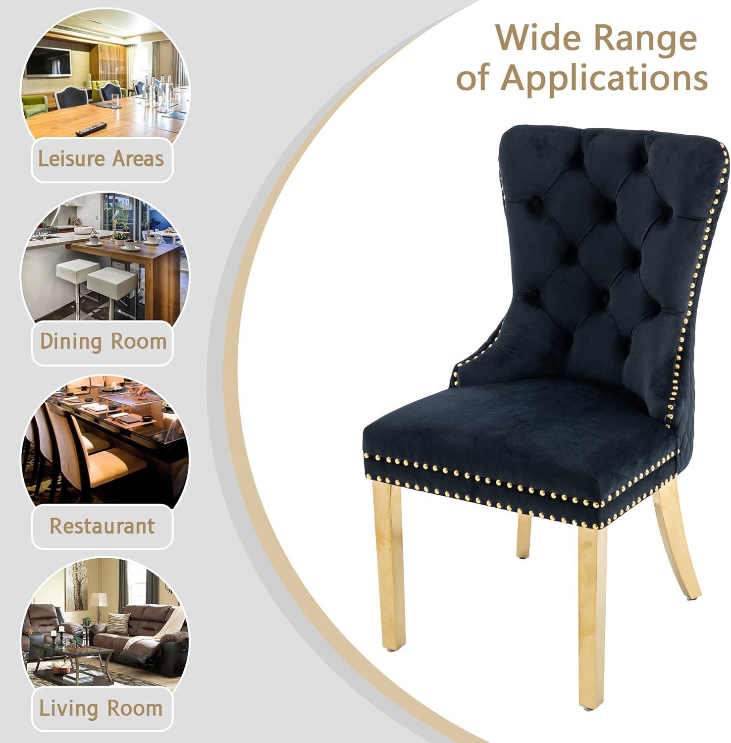 ODUSE-DAILY Black Velvet Dining Chairs Set of 6, Kitchen & Dining Room Chairs, Nailheads Tufted, Sillas De Comedor, Fabric Upholstered, Golden Metal Legs (Black, 6 Pcs)