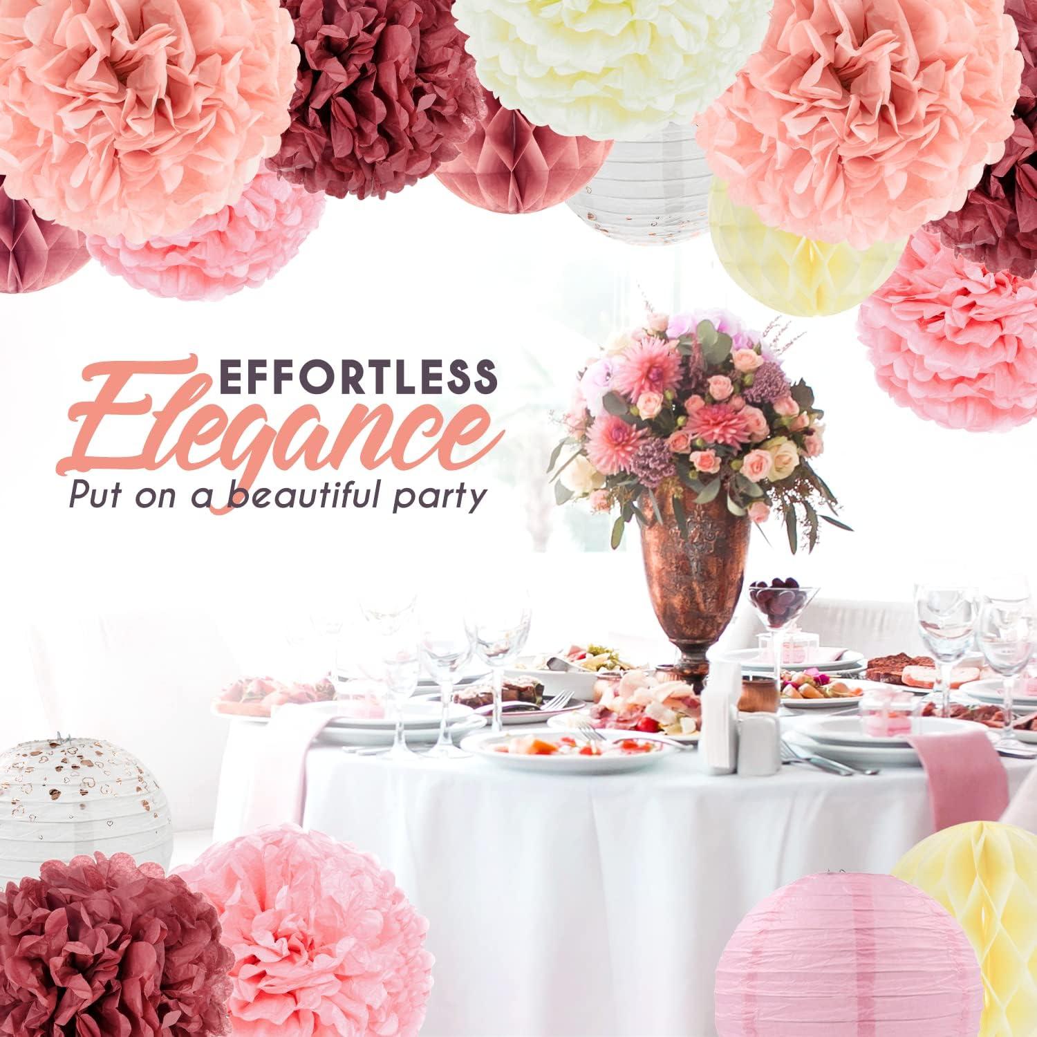 EpiqueOne 22-Piece Tissue Paper Pom Poms and Paper Lantern Party Kit - Add a Splash of White, Pink, & Mauve to Your Celebrations!