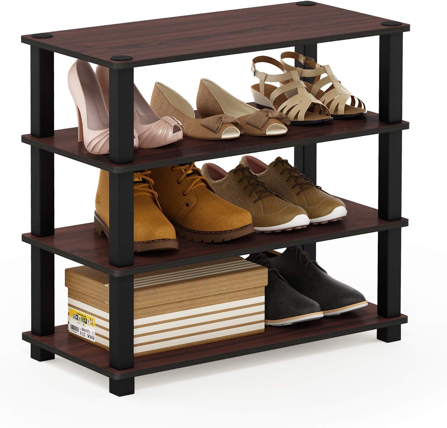 Furinno 4-Tier Stackable Turn-S-Tube Shoe Rack, Plastic and Wood, Dark Cherry and Black