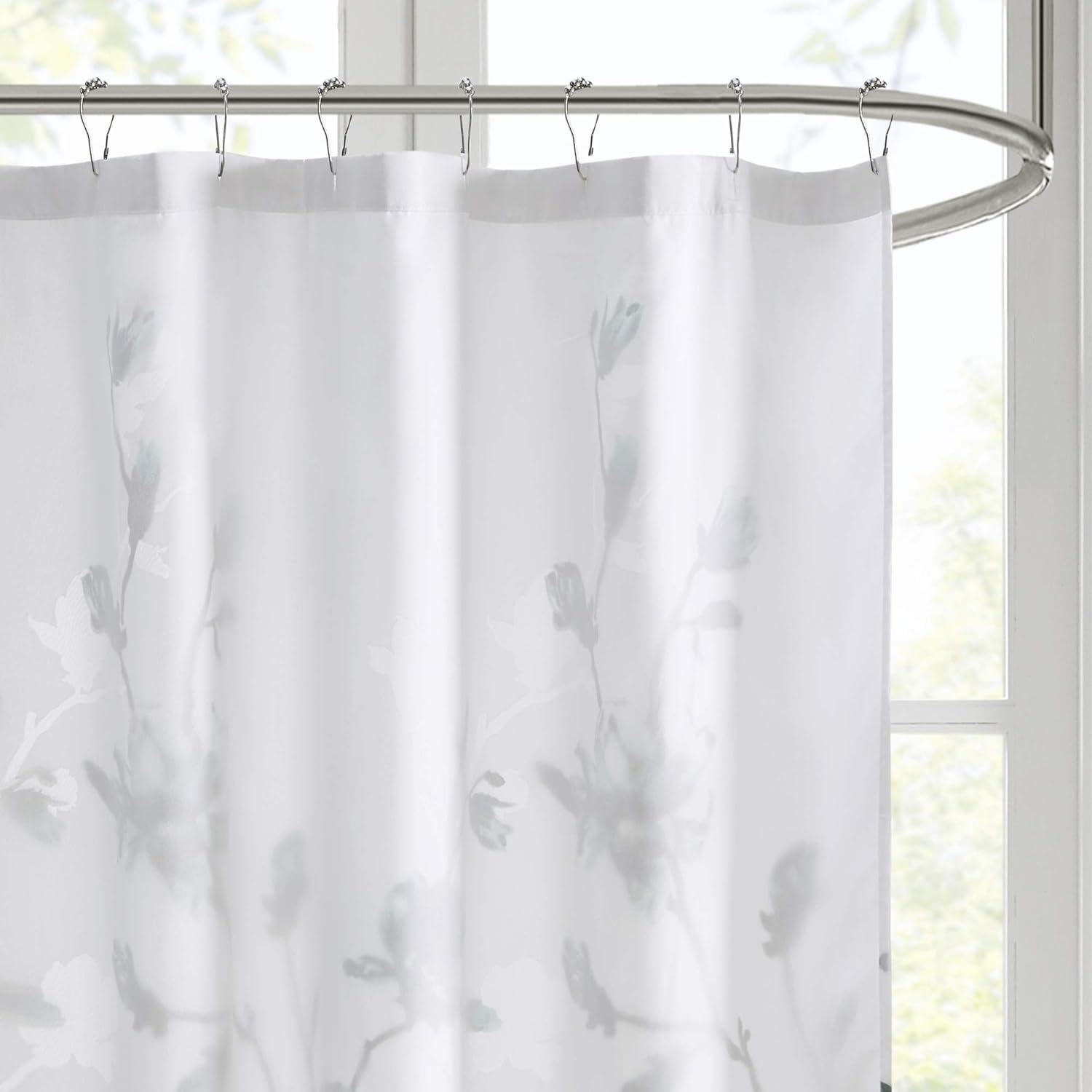 Magnolia Floral White and Blue Fabric Shower Curtain