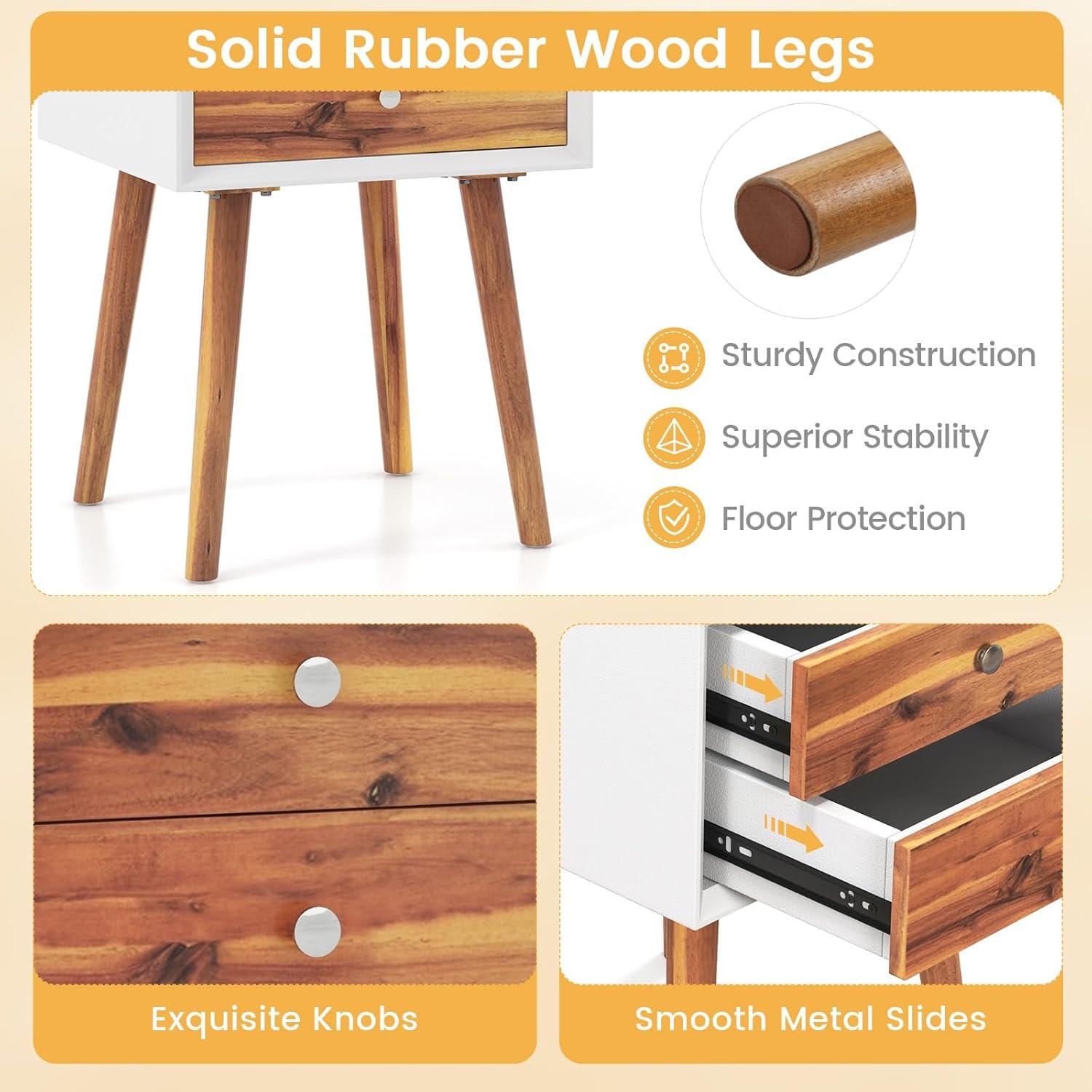 Giantex Mid Century Modern Nightstand, Wooden Bedside Tables w/ 2 Storage Drawers & Solid Wood Legs, Practical End Side Table for Living Room Bedroom, White & Walnut