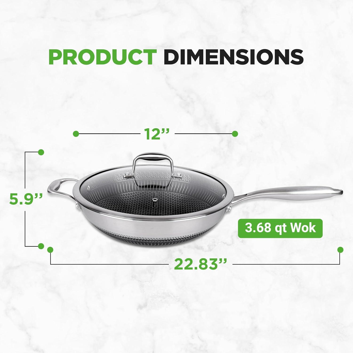 NutriChef 12-Inch Stainless Steel Nonstick Wok with Glass Lid