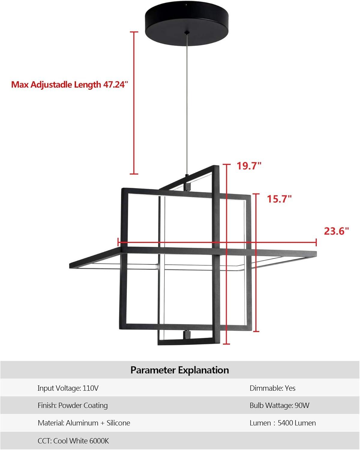 Modern LED Chandelier Led Pendant Light Square Contemporary Chandelier Hanging Light Dimmable for Living Room, Dining Room, Bedroom, Kitchen, Stydy Room 90W 6000K Cool Light (Black)
