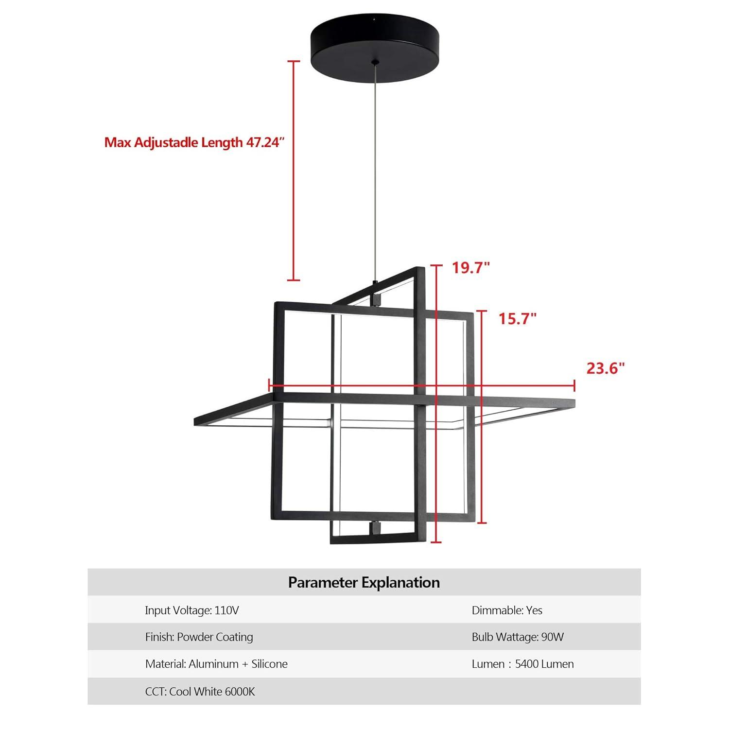 Modern LED Chandelier Led Pendant Light Square Contemporary Chandelier Hanging Light Dimmable for Living Room, Dining Room, Bedroom, Kitchen, Stydy Room 90W 6000K Cool Light (Black)