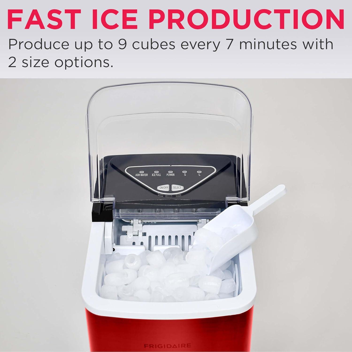 Frigidaire, 26 Lbs. Countertop Ice Maker, Bullet Shaped Ice, Red Stainless Steel