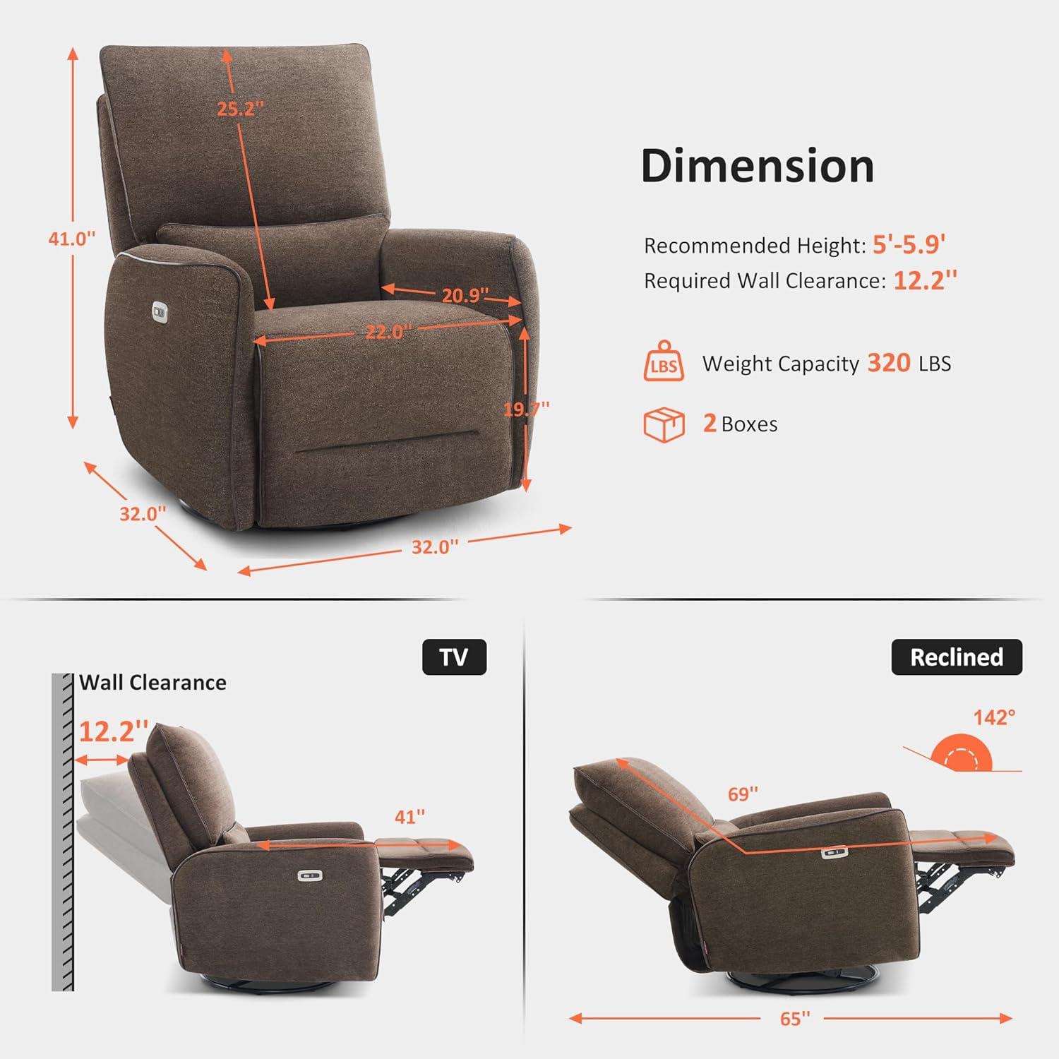 Swivel Glider Power Recliner Chair, Electric Rocker Recliner Chairs with USB Ports For Nursery, Fabric