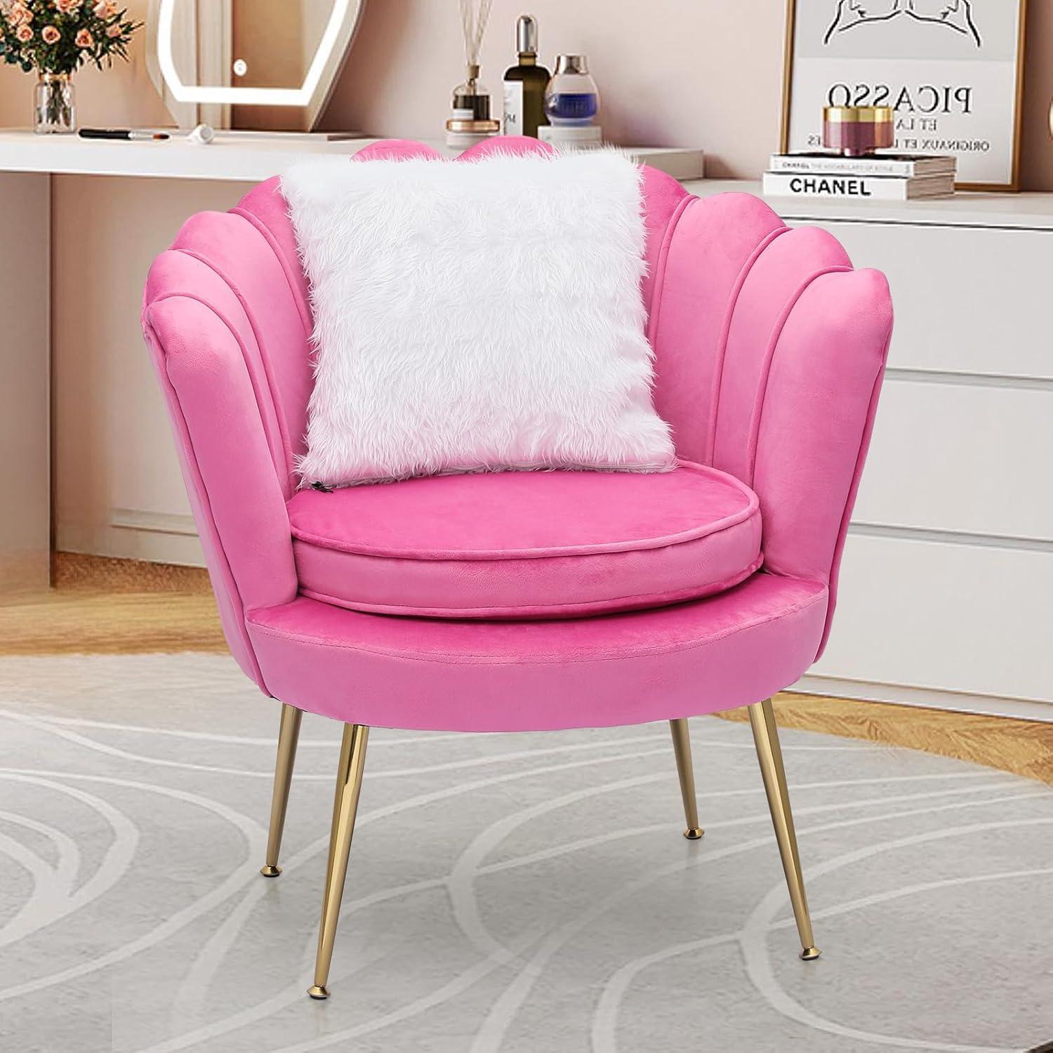 MoNiBloom Velvet Accent Chair with Cushion, Modern Cozy Sofa Chair with Gold Metal Legs, Tufted Accent Armchair for Living Room/Bedroom/Office/Guest Room, Pink