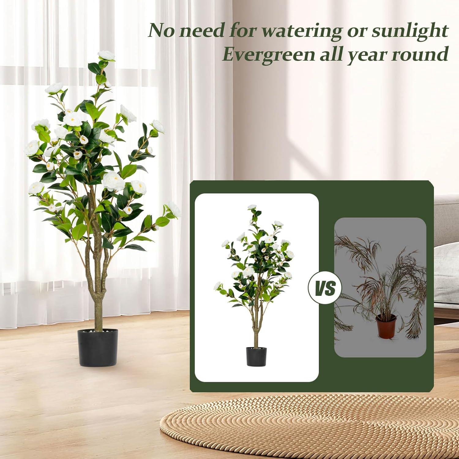 45" Artificial Camellia Tree 2 Pack Large Blooming Tree in Pot with White Flowers, 3.75ft Faux Floral Camellia Plants Fake Greenery Potted Tree for Indoor, Outdoor, Home,Office