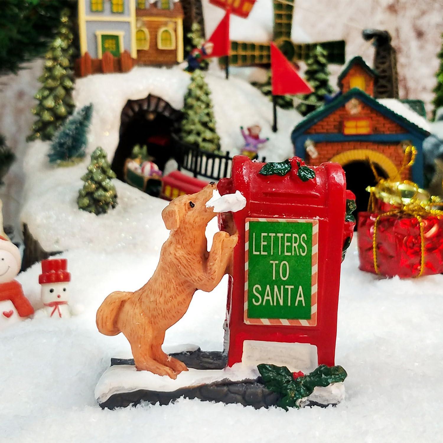 Uutvmp Christmas Village Accessories Ornaments, Resin Puppy Letters to Santa Mailbox, Christmas Village Sets Decoration for Xmas Festival Holiday