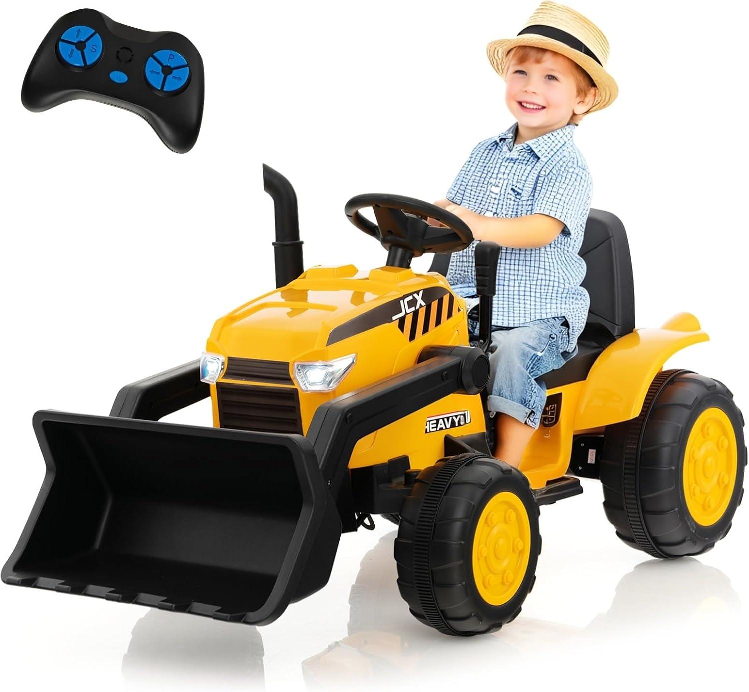 Costway 12V Kids Ride On Excavator Digger Electric Bulldozer Tractor RC with Light & Music