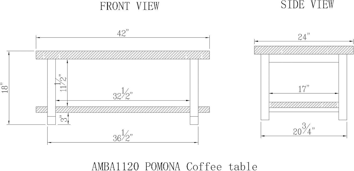 Alaterre Furniture 42" Pomona Wide Coffee Table Reclaimed Wood Rustic Natural: Fixed Shelf, Metal Frame, Living Room Furniture