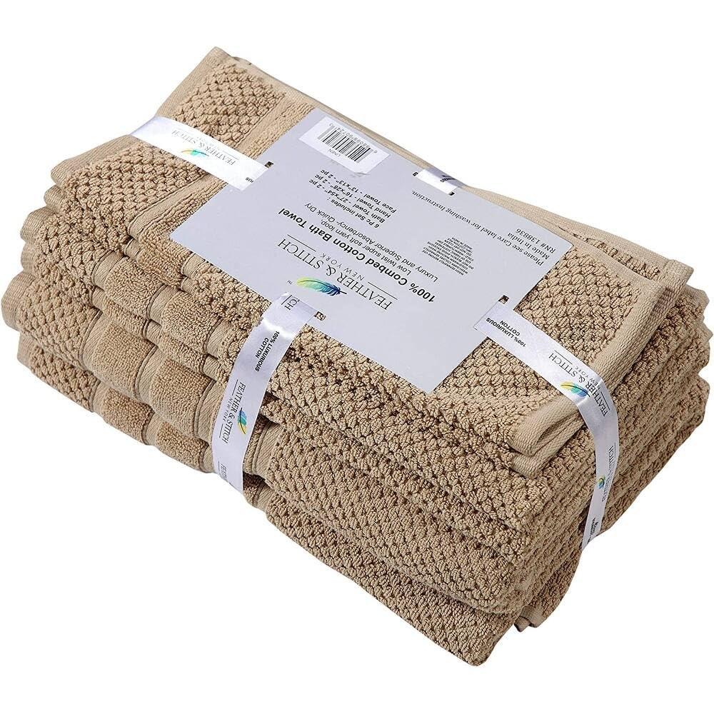Feather & Stitch 100% Cotton 625 GSM Bath Towel Set of 6, Ultra Soft Highly Absorbent 2 Bath Towels, 2 Hand Towels & 2 Washcloth - Luxury Quick Dry Shower Towels (Linen)