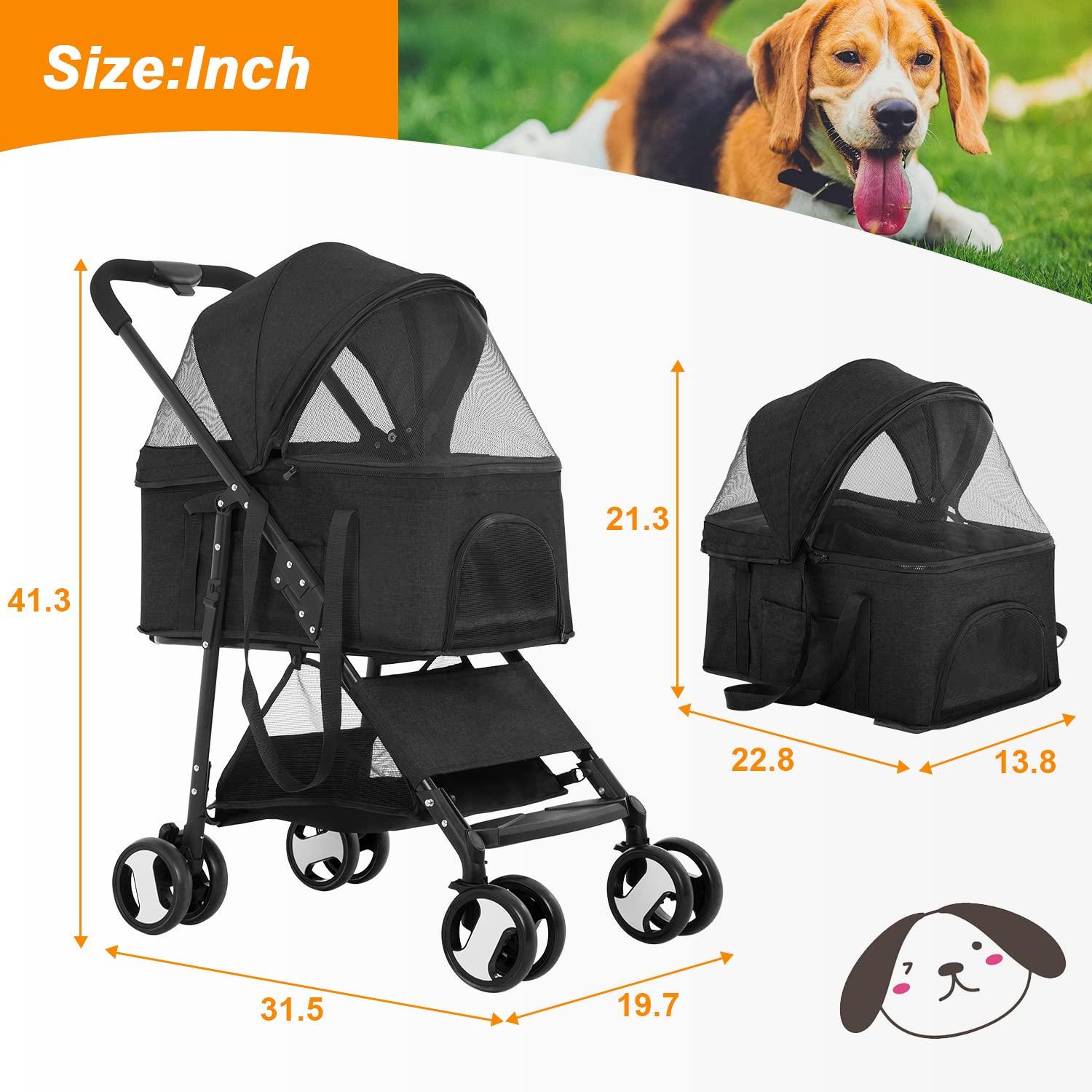 Foldable Pet Stroller with Detachable Carrier