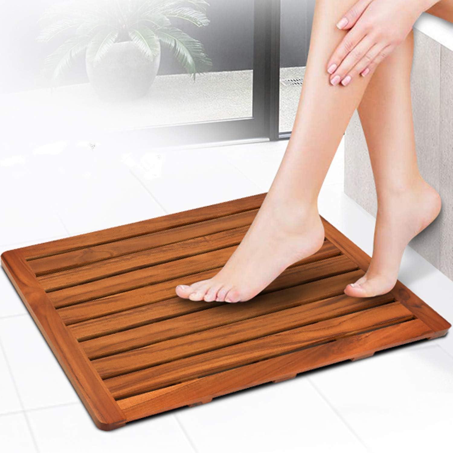 Large Teak Wood Bath Mat with Lacquer Finish, 24"x18"