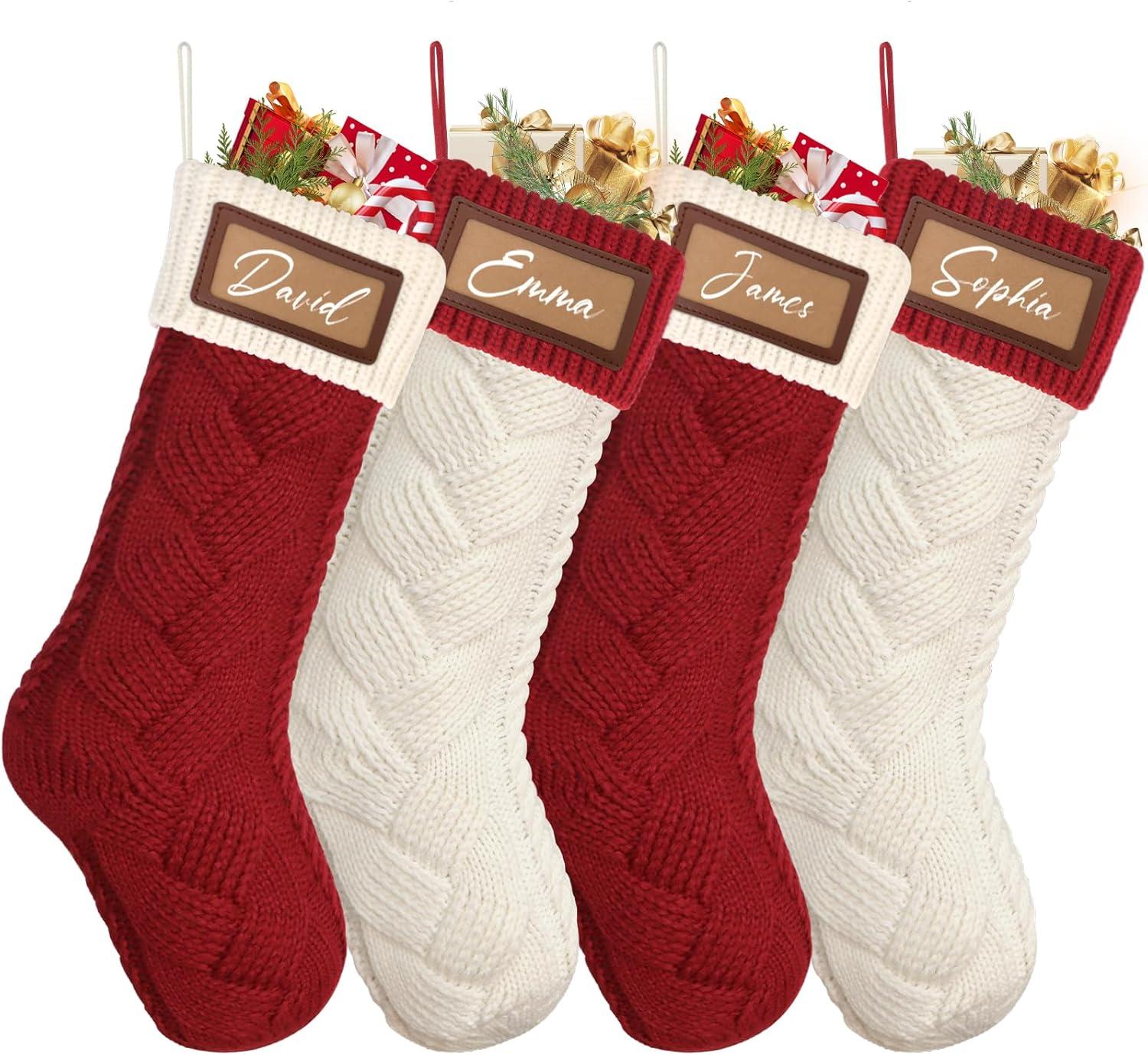 4 Pack 18" Large Knit Christmas Stockings with Name Tags