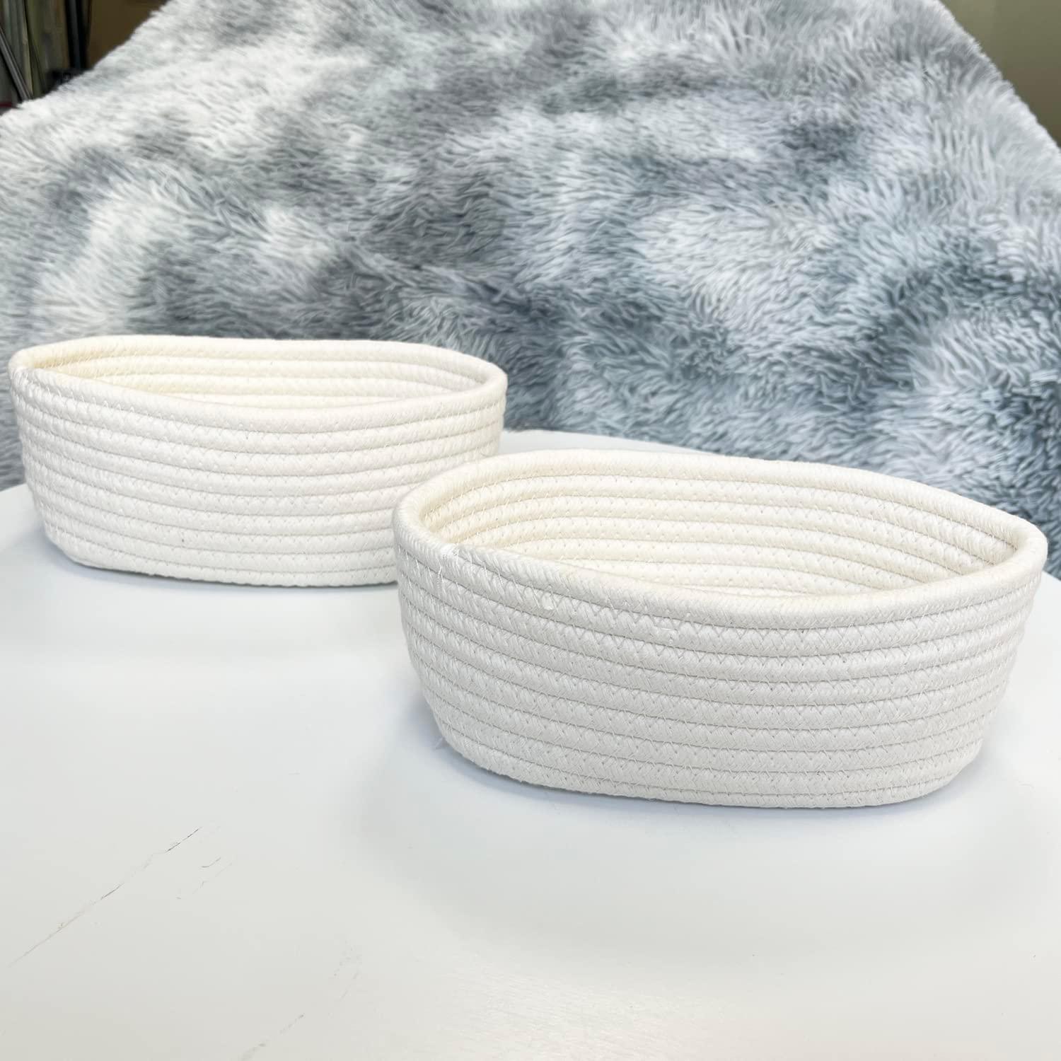 【2 Pack】 ABenkle Small Storage Baskets, Natural Cotton Rope Woven Baskets for Organizing, Tiny Oval Storage Easter Baskets, Toy Baskets, Bathroom Organization Bin, Baskets for Mother's Day Gifts