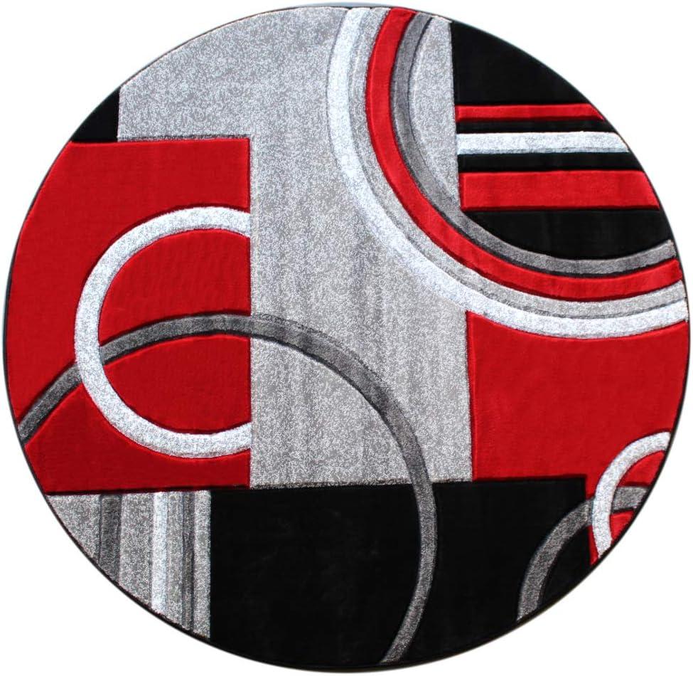 Masada Rugs Sophia Collection Hand Carved Round Area Rug Modern Contemporary Red Grey Black (8 Feet X 8 Feet) Round