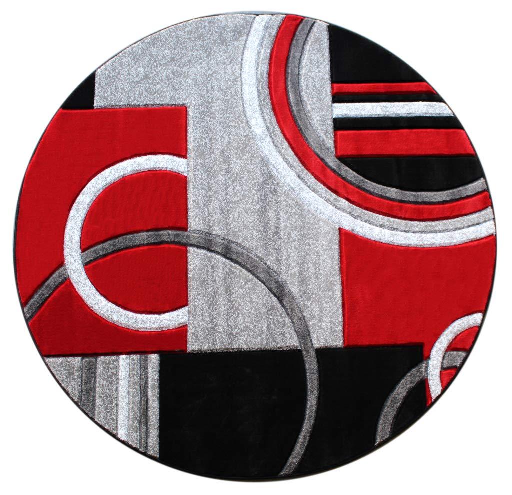 Masada Rugs Sophia Collection Hand Carved Round Area Rug Modern Contemporary Red Grey Black (8 Feet X 8 Feet) Round