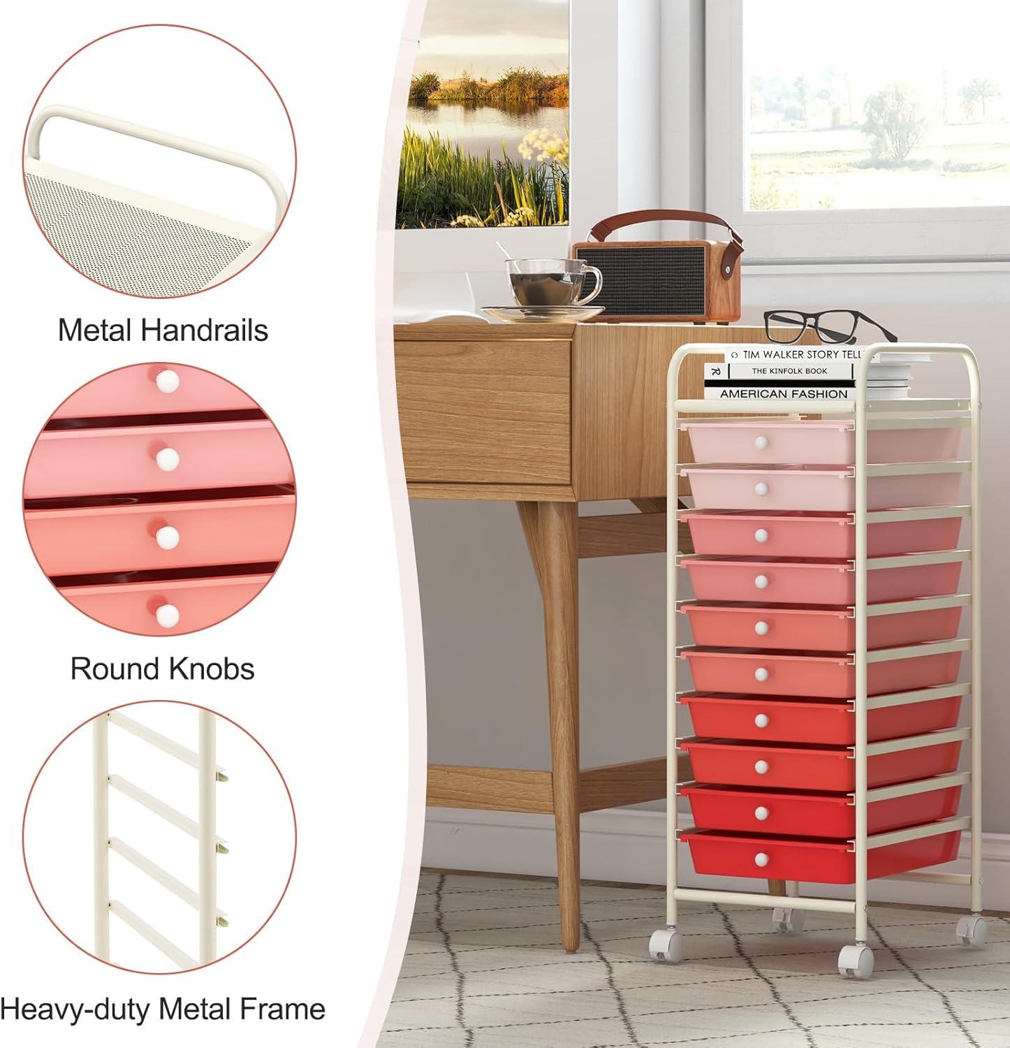 Giantex 10-Drawer Storage Cart w/Universal Wheel, Rolling Cart w/Handle, Home Organizer Storage Unit w/Removable Drawers, Trolley Utility Cart for Kitchen Makeup Living Room Office Play Room