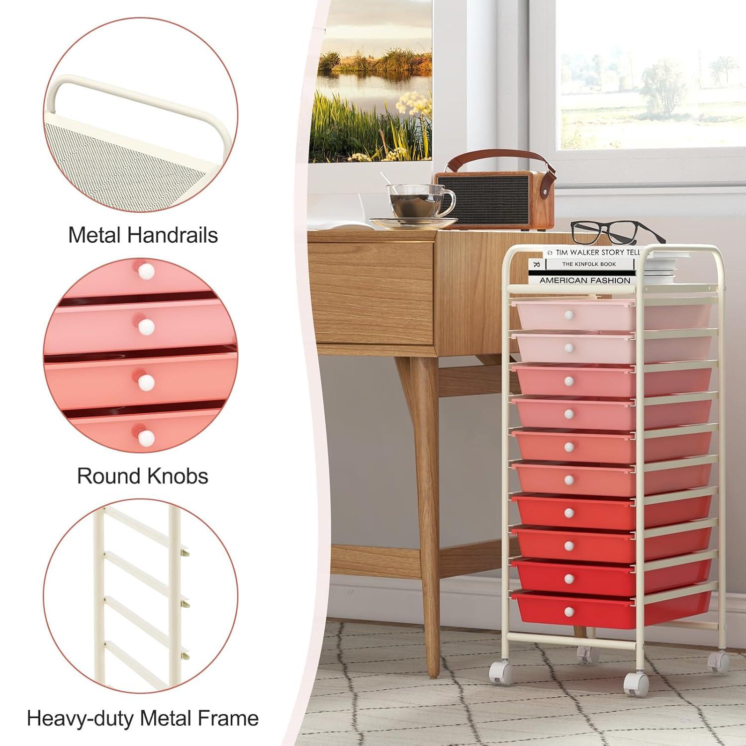 Giantex 10-Drawer Storage Cart w/Universal Wheel, Rolling Cart w/Handle, Home Organizer Storage Unit w/Removable Drawers, Trolley Utility Cart for Kitchen Makeup Living Room Office Play Room