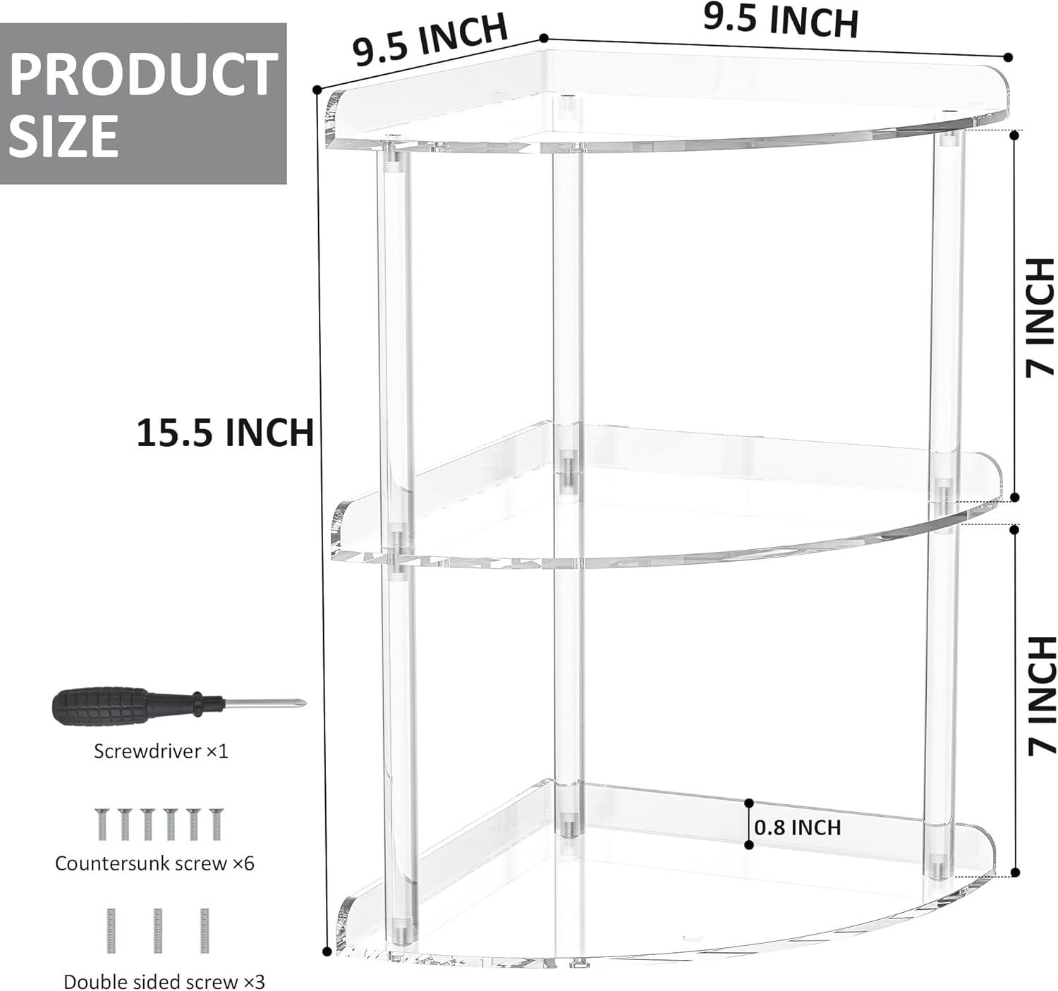 3 Tier Acrylic Corner Shelf Organizer Storage 9.5x9.5x15.7 Inch, Transparent Countertop Corner Shelf for Bathroom, Kitchen, Bedroom, Office, Study Room