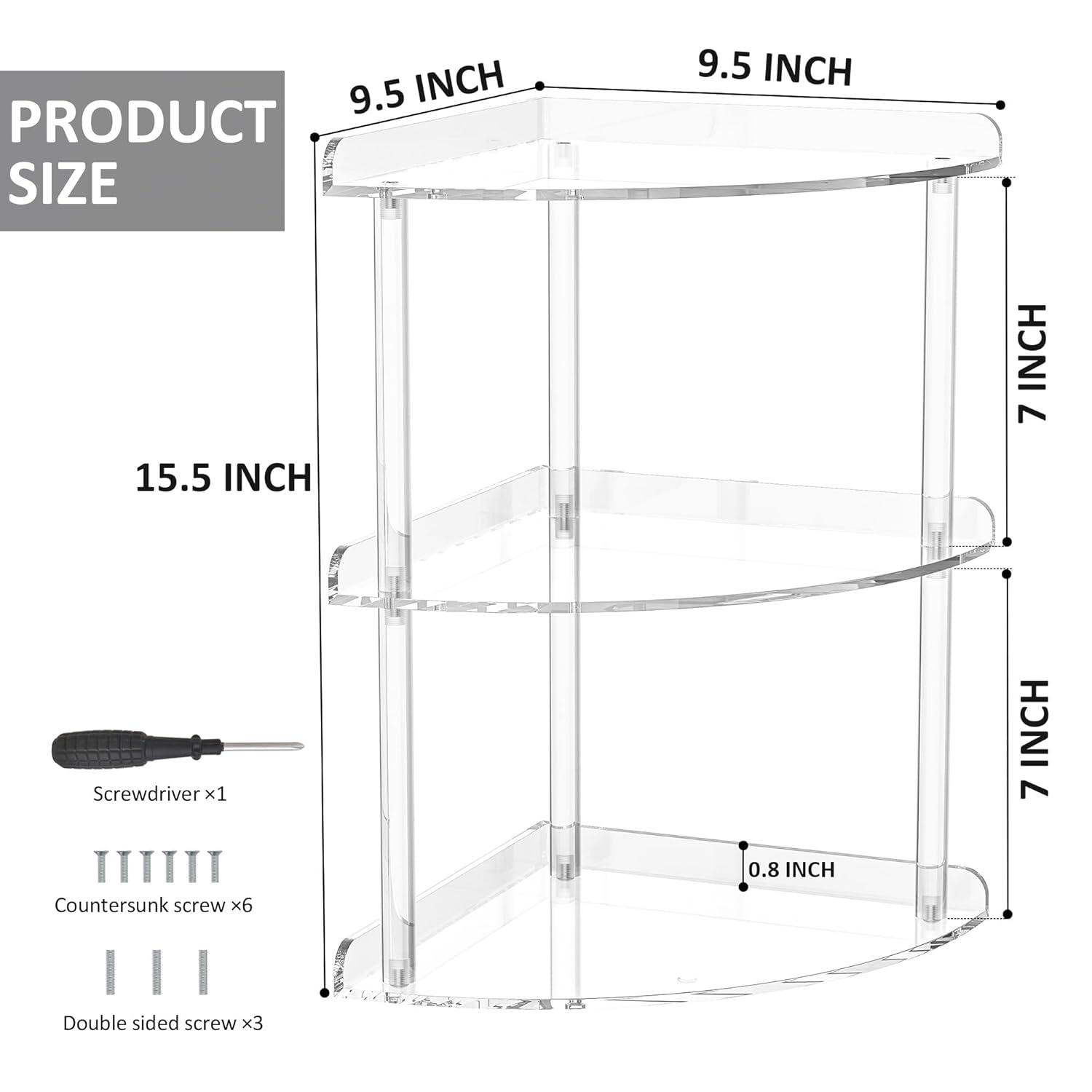 3 Tier Acrylic Corner Shelf Organizer Storage 9.5x9.5x15.7 Inch, Transparent Countertop Corner Shelf for Bathroom, Kitchen, Bedroom, Office, Study Room